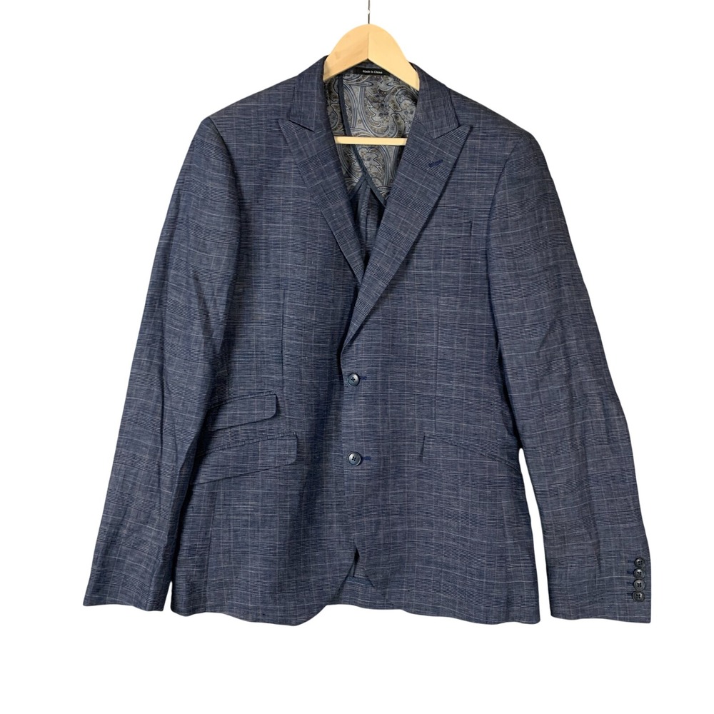 Egara Blazer 100% Linen Windowpane Plaid Navy‎ Unlined Two Button Sport Coat